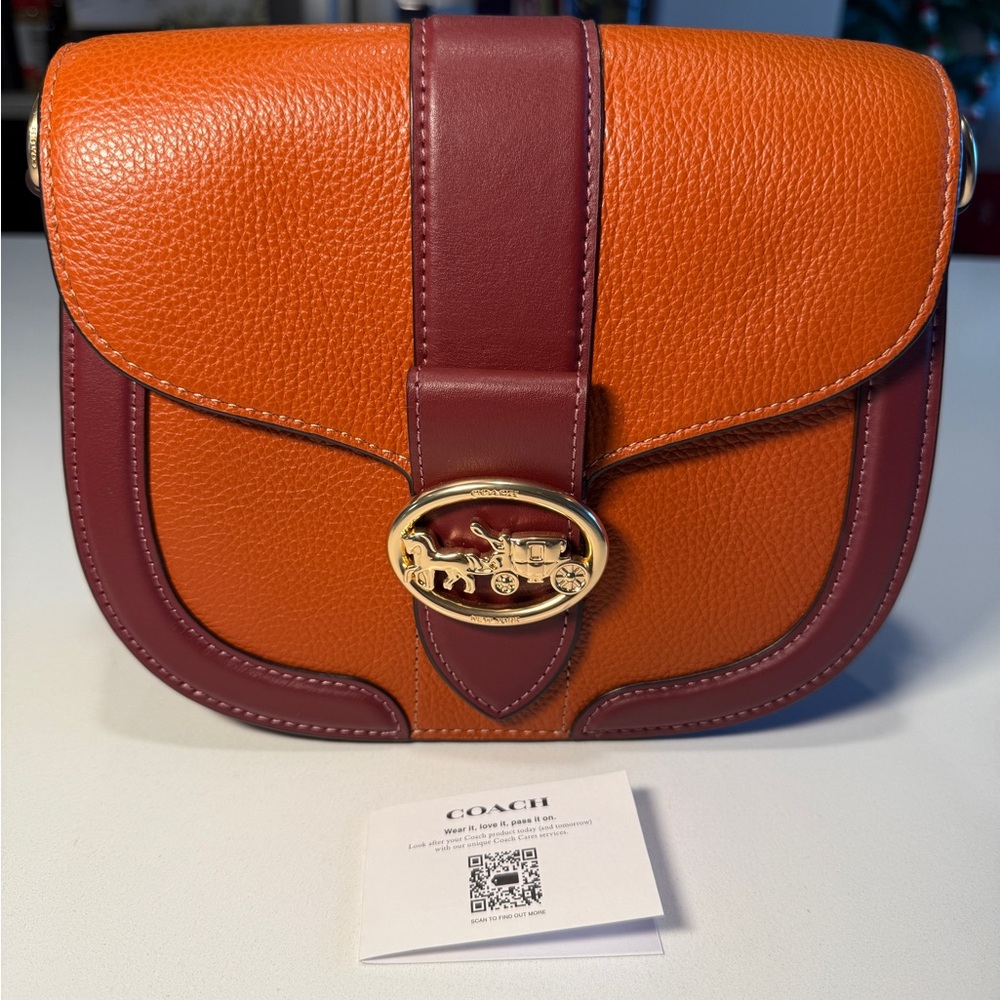 COACH - Georgie Saddlebag in Orange and Burgundy Colorblock - Picture 11 of 13